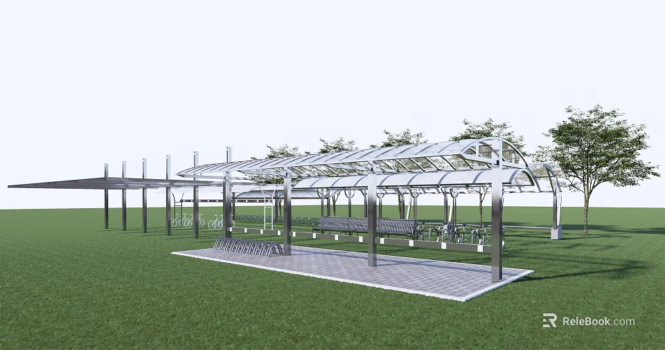 Outdoor Canopy Structure With Benches And Paved Area On Green Grass 3d model 