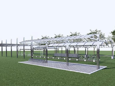 Outdoor Canopy Structure With Benches And Paved Area On Green Grass 3d model
