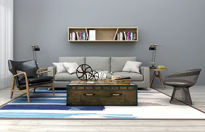 Modern Living Room Sofa and Coffee Table Set With Gray Upholstery Wooden Trunk and Bookshelf 3d model