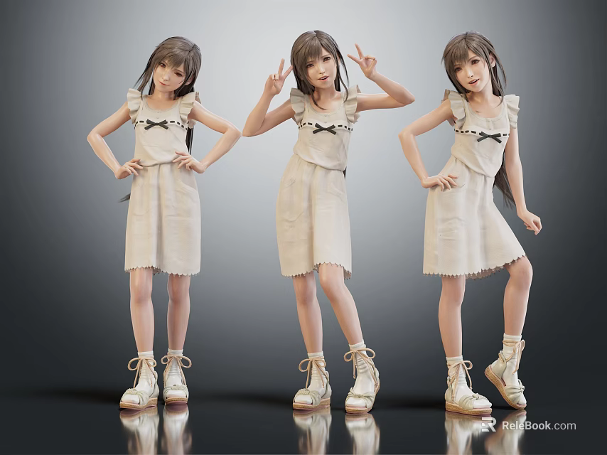 Three Young Girls in Beige Dresses With White Shoes and Different Poses on Gray Background 3d model 