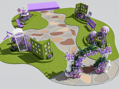 Enchanting Purple Garden Landscape With Grass Stone Path Decorative Pavilions And Flowers 3d model