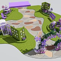 Enchanting Purple Garden Landscape With Grass Stone Path Decorative Pavilions And Flowers