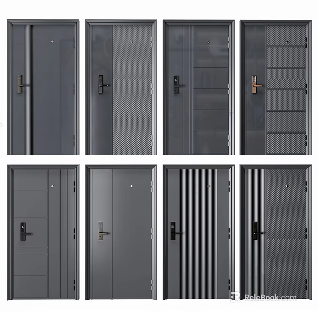 Modern Steel Security Doors With Various Handle Styles And Textured Surface Designs 3d model