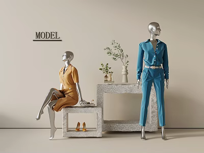 Silver Mannequins Display Orange Outfit And Blue Jumpsuit With Table Plant And Shoes 3d model