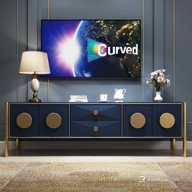 Stylish Blue TV Stand with Gold Circular Details Curved TV Lamp Books and Vase 3d model 
