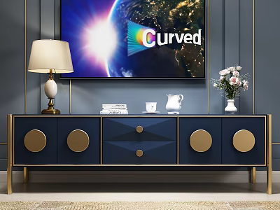 Stylish Blue TV Stand with Gold Circular Details Curved TV Lamp Books and Vase 3d model