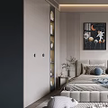 Modern Kids Room Interior with Bed Soft Rug Toys Desk Wall Art and Window Blinds