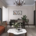 Warm Modern Living And Dining Room With Orange Sofa Marble Coffee Table And Wood Accents