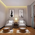 Relaxing SPA Sauna Room with Gray Chairs Wooden Foot Basins Towels and Wall Paintings