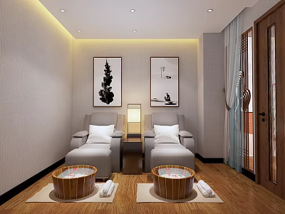Relaxing SPA Sauna Room with Gray Chairs Wooden Foot Basins Towels and Wall Paintings 3d model