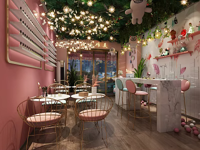 Pink Beauty Salon Interior Design With String Lights Green Plants Pink Chairs And Marble Counter 3d model