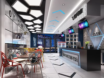 Modern Internet Cafe Interior Design With Computers Tables Seating And Colorful Lighting Screens 3d model
