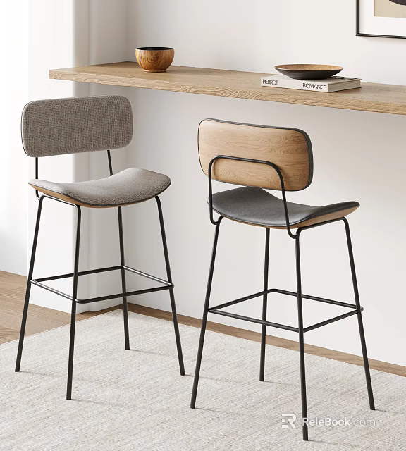 Two Modern Bar Stools With Fabric Seats Wooden Backrests Black Metal Legs 3d model 