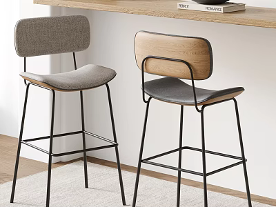 Two Modern Bar Stools With Fabric Seats Wooden Backrests Black Metal Legs 3d model