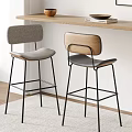 Two Modern Bar Stools With Fabric Seats Wooden Backrests Black Metal Legs
