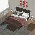 Modern Double Bed with Upholstered Headboard Pillows Blanket Nightstands Table Lamps and Rug