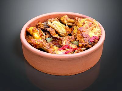 Crispy Spiced Fried Chicken In Clay Bowl With Red Chili Flakes And Fresh Herbs 3d model
