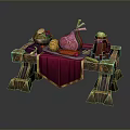Decorative Dining Table with Red Tablecloth Fruit Platter Meat Display and Carved Legs 3d model
