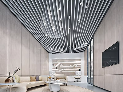 Modern Conference Room Interior With Gray Striped Ceiling Recessed Lights Beige Sofa And TV Screen 3d model