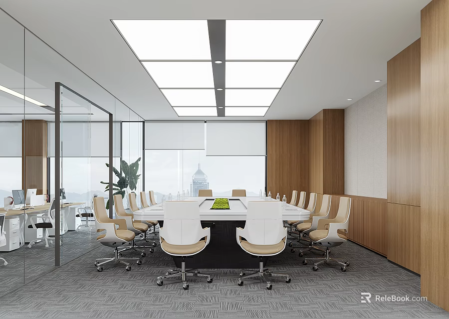 Modern Conference Room Interior Design With Glass Walls Large Table White Chairs And Wooden Walls 3d model 