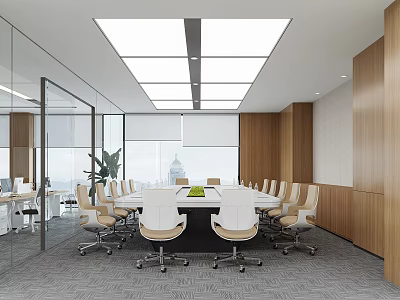 Modern Conference Room Interior Design With Glass Walls Large Table White Chairs And Wooden Walls 3d model