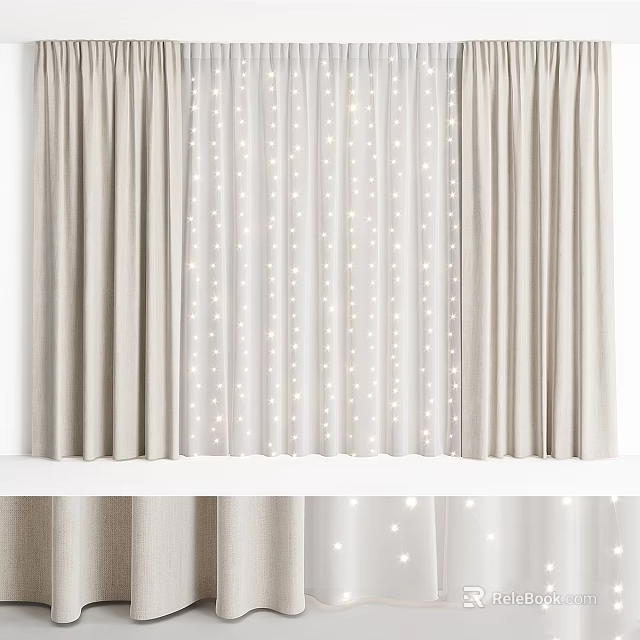 Soft Beige Curtains Featuring String Lights For Cozy Decorative Window Treatment 3d model