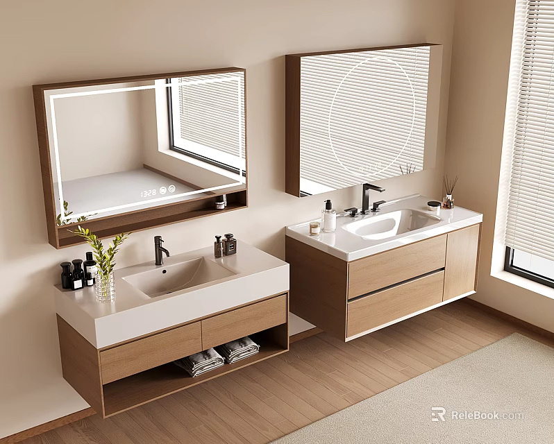Modern Elegant Bathroom Vanity With Double Sinks Mirrors Wooden Cabinets And Marble Countertops 3d model 