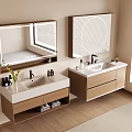 Modern Elegant Bathroom Vanity With Double Sinks Mirrors Wooden Cabinets And Marble Countertops