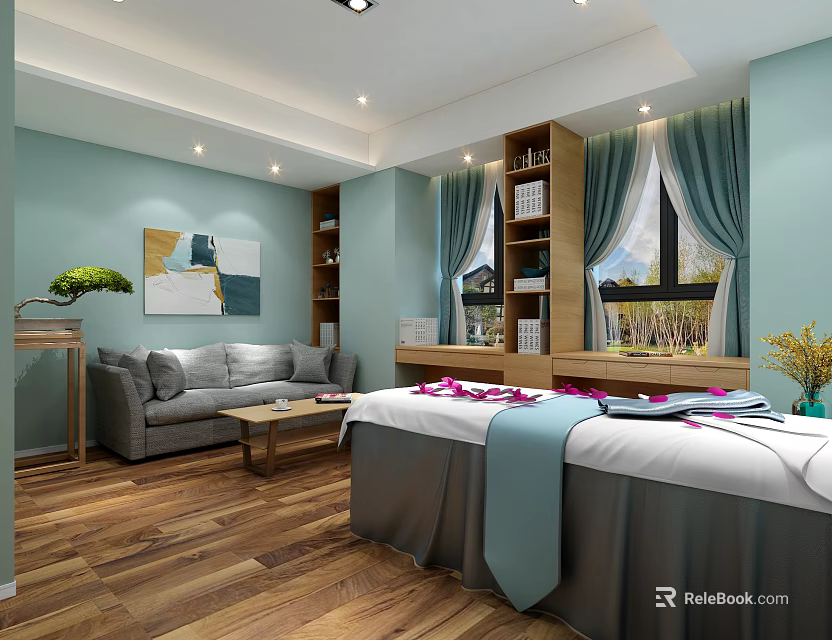 Relaxing SPA Sauna Room Interior With Massage Bed Sofa Decorative Painting And Wooden Floor 3d model 