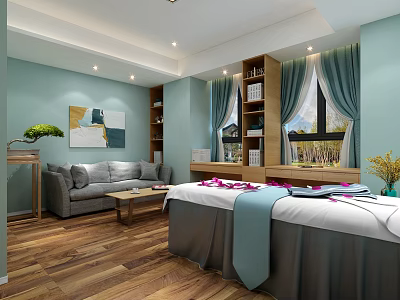 Relaxing SPA Sauna Room Interior With Massage Bed Sofa Decorative Painting And Wooden Floor 3d model