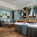 Relaxing SPA Sauna Room Interior With Massage Bed Sofa Decorative Painting And Wooden Floor