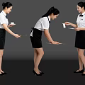 Three Female Servers In Uniform With Trays And Cups Demonstrating Service Postures