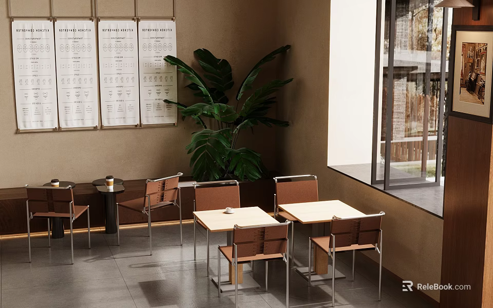 Modern Minimalist Café Interior With Tables Chairs Menu Boards Green Plant And Bright Window Area 3d model 