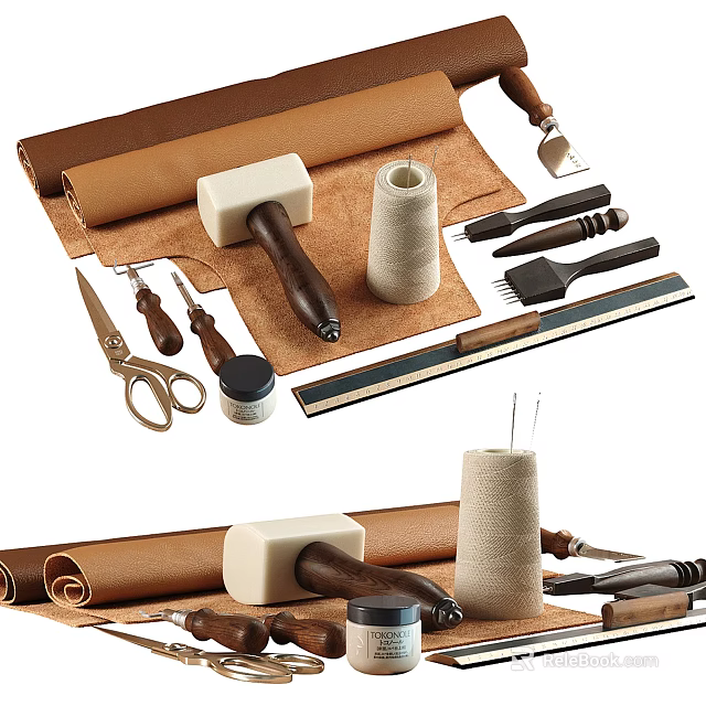 Leather Craft Hardware Tools With Rolls Mallet Scissors Awl Brushes Thread Spools And Knives 3d model