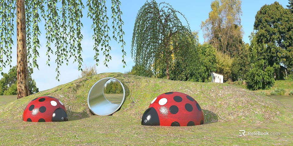 Outdoor Play Equipment with Ladybug Shaped Structures and Silver Tunnel in Grassland Park 3d model 