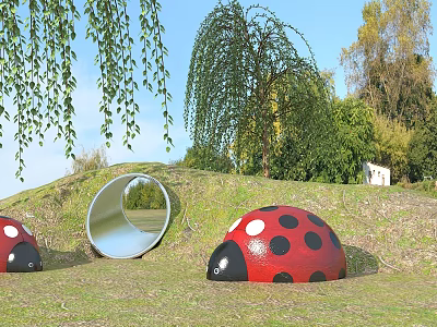 Outdoor Play Equipment with Ladybug Shaped Structures and Silver Tunnel in Grassland Park 3d model
