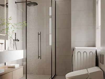 Modern Bathroom Interior With Glass Shower Enclosure Tiled Walls Vanity Counter And Toilet 3d model