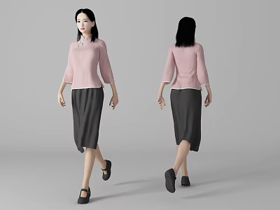 Woman Wearing Pink Top Gray Skirt Black Shoes Front Back Views 3d model