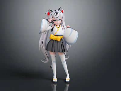 Cute Kid Cartoon Character In Japanese Outfit With Tiger Ears Yellow Belt And Gray Hair 3d model