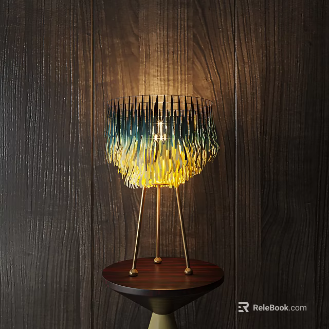 Colorful Shade Table Lamp With Golden Metal Stand And Wooden Base On Dark Wall 3d model 