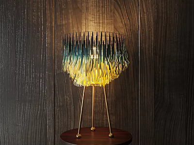 Colorful Shade Table Lamp With Golden Metal Stand And Wooden Base On Dark Wall 3d model