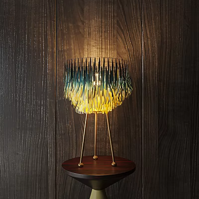 Colorful Shade Table Lamp With Golden Metal Stand And Wooden Base On Dark Wall 3d model