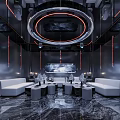 Modern KTV Interior With Neon Lights White Sofas And Marble Tables