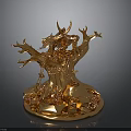 Golden Tree Sculpture Decorative Art Piece With Intricate Branches And Base