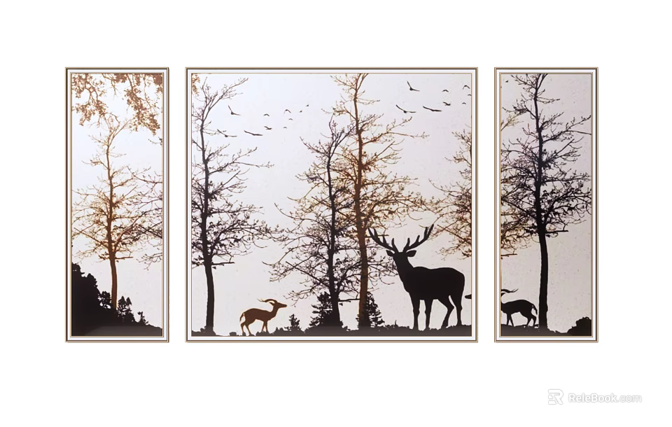 Natural Plant Paintings With Trees Deer And Flying Birds In Forest Scene 3d model 