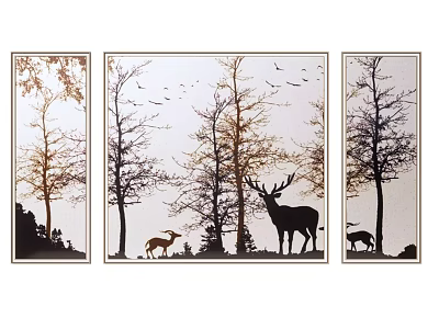 Natural Plant Paintings With Trees Deer And Flying Birds In Forest Scene 3d model