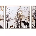 Natural Plant Paintings With Trees Deer And Flying Birds In Forest Scene