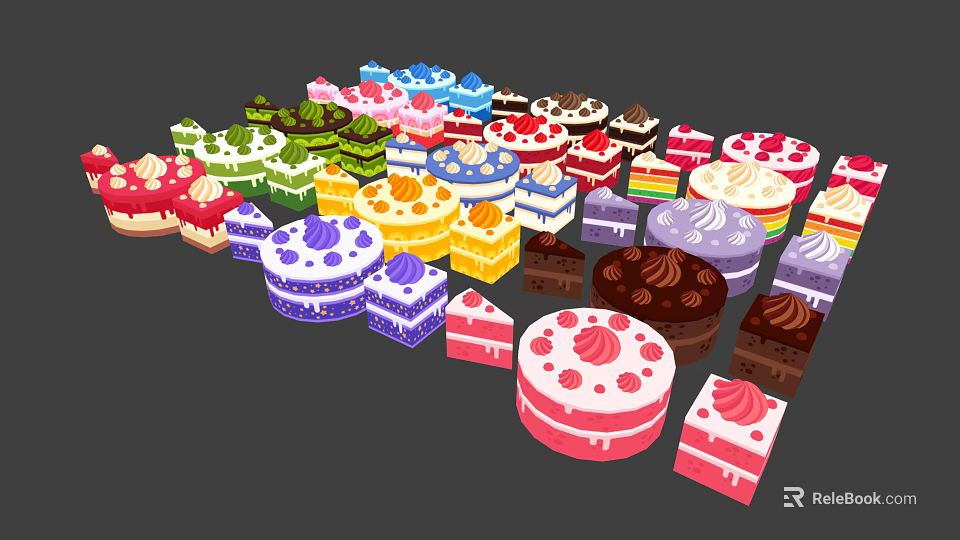 Colorful Decorated Cakes With Various Styles Creamy Toppings And Different Flavors 3d model 