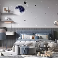 Starry Sky Themed Kids Room In Blue Tones With Bed Desk Chair Toys And Bookshelf
