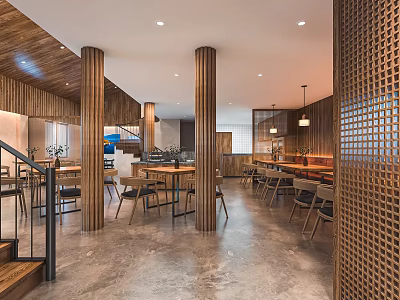 Modern Restaurant Interior With Wooden Columns Tables Chairs Staircase And Gray Floor 3d model